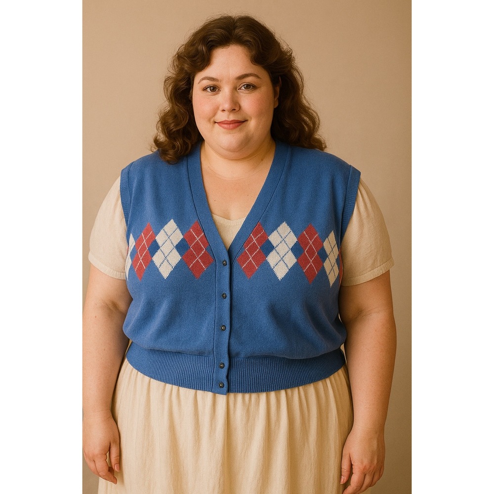 Vintage Argyle Vest Sweatshirt Perennial NWT 80s Deadstock Snaps Periwinkle‎ 42